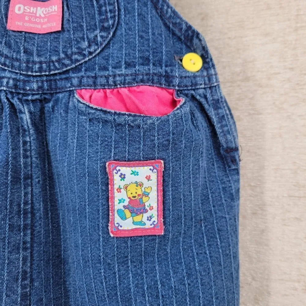 Oshkosh Vintage Overalls Pin Stripe Pink Blue Yellow Character Bear Patch